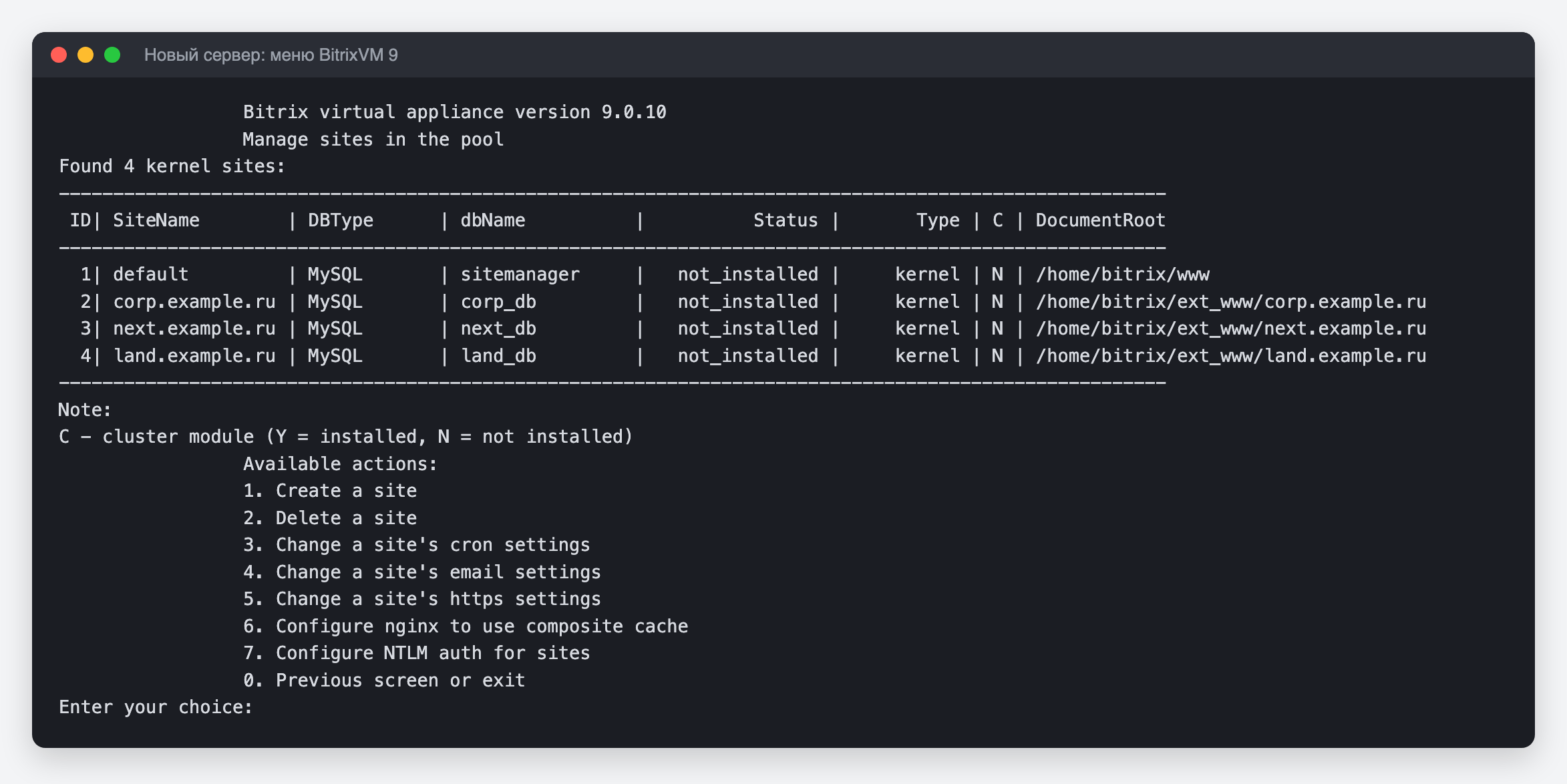 Меню BitrixVM 9: сайты после создания